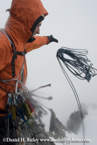 Eric Parsons throwing the rappel rope- Descending from The Throne, Pika Glacier, Alaska