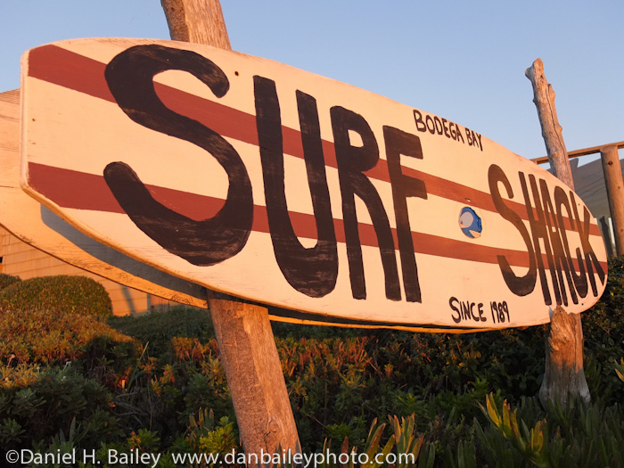 surf shop sign at sunset, Bodega Bay, California