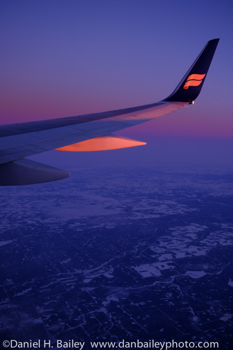 Sunset view from the Icelandair plane, flying over Canada.
