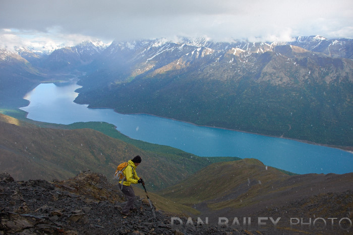 Amy Sebby descending Pepper Peak, Eklutna Lake, Chugach Mountains, Alaska