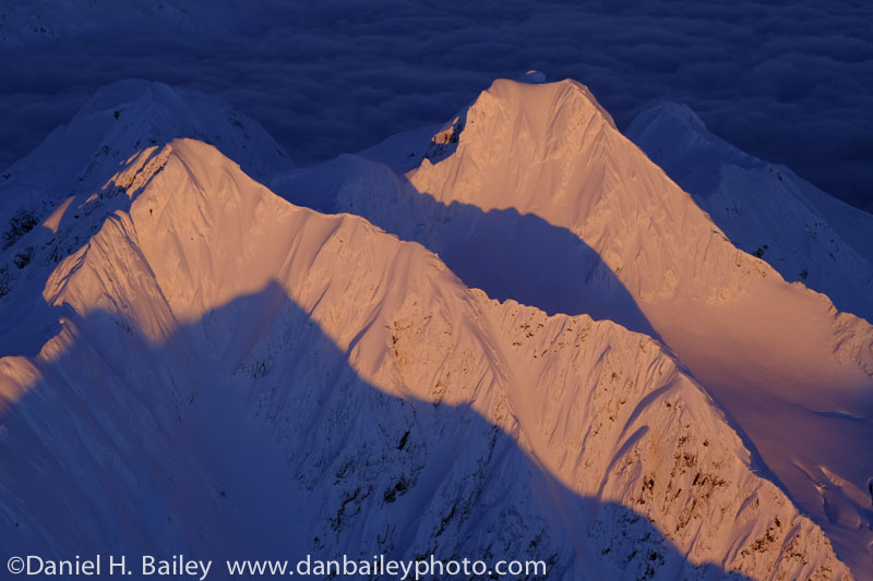 Aerial photo of the Chugach Mountain peaks at sunset, winter, Alaska
