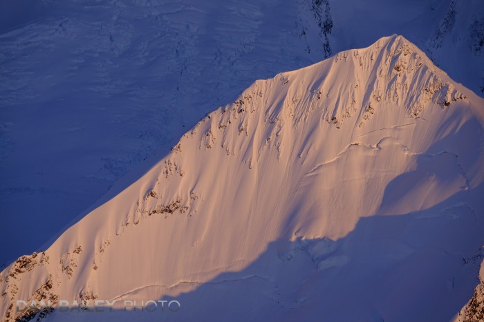 Aerial photos of the Chugach Mountains, near the top of Colony Glacier area shot at sunset. Alaska