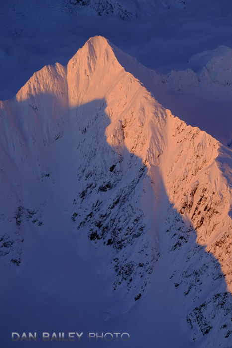 Aerial photo of the Chugach Mountain peaks at sunset, winter, Alaska