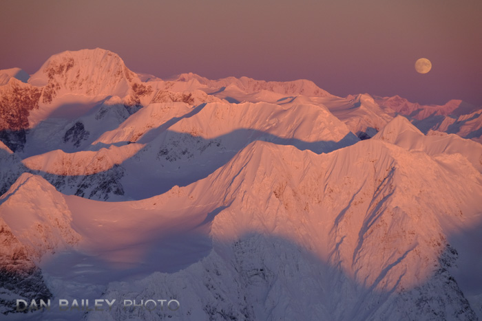 Mt. Gilbert and a full moon over the Chugach Mountains, winter, Alaska